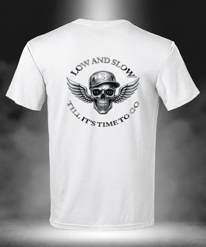 Low & Slow Nation Black Chrome Skull white T-shirt, back view