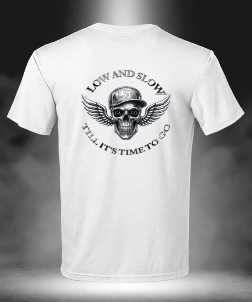 Low & Slow Nation Black Chrome Skull white T-shirt, back view
