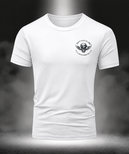 Low & Slow Nation Black Chrome Skull white T-shirt, front view