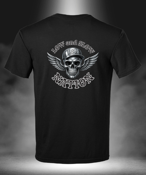 Low & Slow Nation Chrome & Black Skull black T-shirt, back view