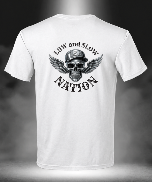 Low & Slow Nation Chrome & Black Skull white T-shirt, back view